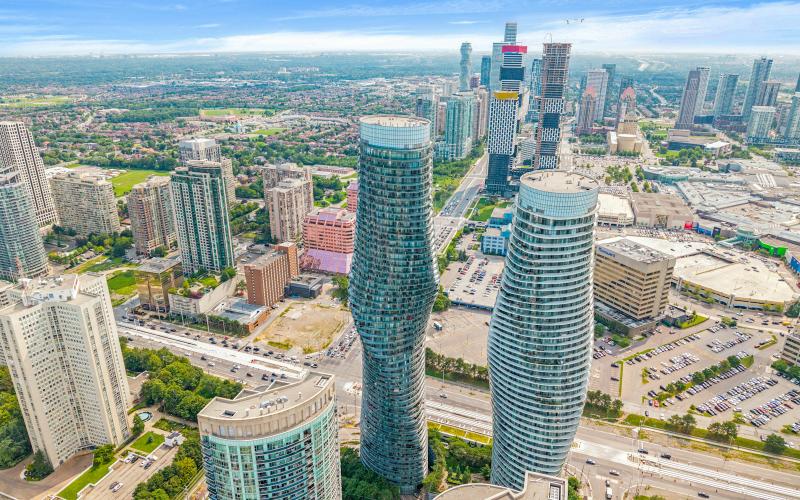 Aerial view of the Absolute World towers and Mississauga City Centre