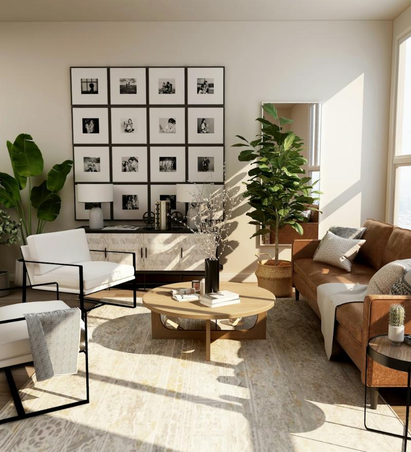 Sunlit living room with a leather sofa and plants