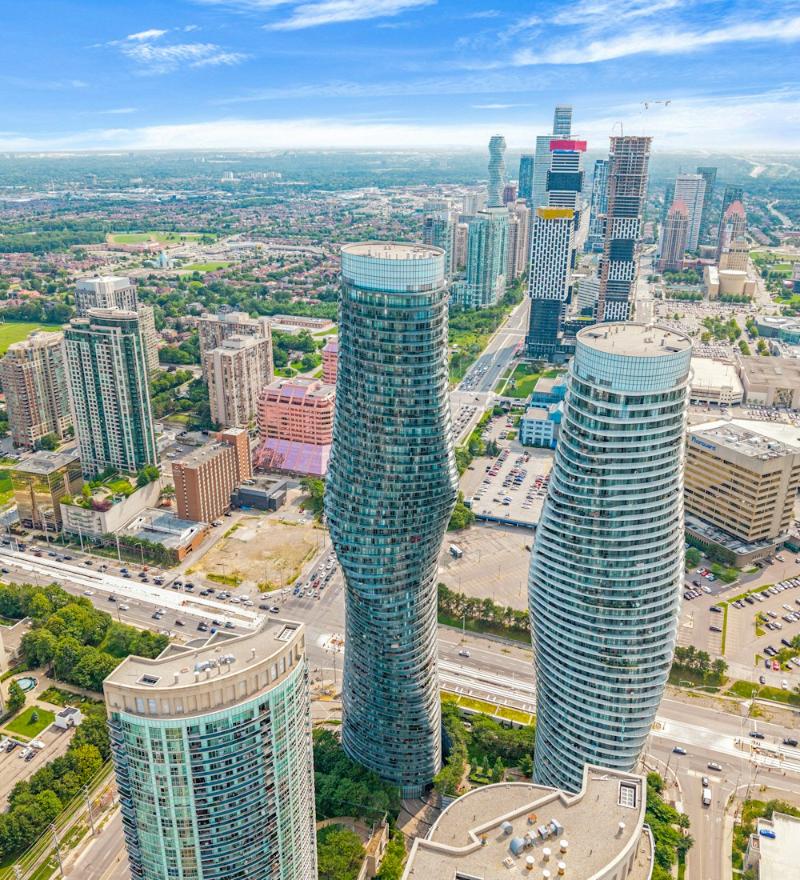 Aerial view of the Absolute World towers in Mississauga City Centre